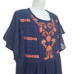 Entro Womens Boho Floral Embroidered Tiered Flutter Sleeve Shift Dress.